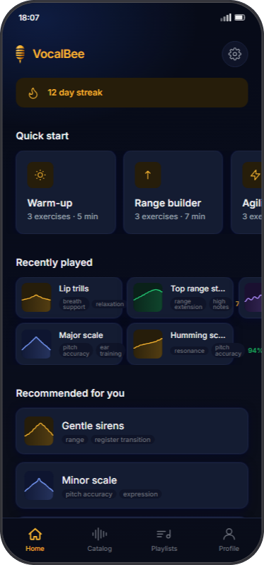 VocalBee app — home screen with vocal exercises
